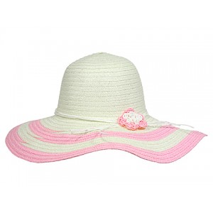 Straw Wide Brim Hats – 12 PCS 2 Tones w/ Flower - Pink - HT-H2270PK